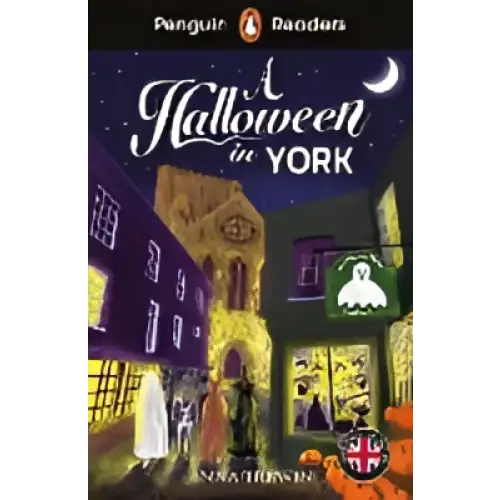 Penguin Readers Level 2: A Halloween in York-boekomslag met spookstraat en maan