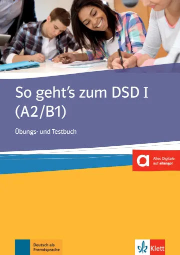 De cover van het werkboek so gehts zum dsd i met geel en blauw ontwerp en studerende studenten op de achtergrond